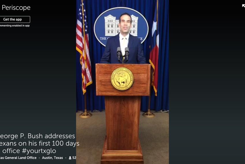 Land Commissioner George P. Bush delivered a speech Wednesday marking his first 100 days in office. His remarks were broadcast live via the Periscope app.