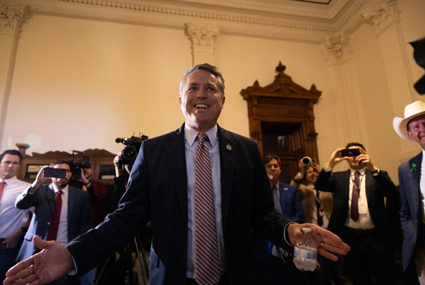 Rep. Brian Harrison, R-Midlothian, speaks to a crowd gathered outside of the Texas House on Aug. 18, 2025. Harrison told the crowd that they were in the wrong city for the action they wanted to happen.