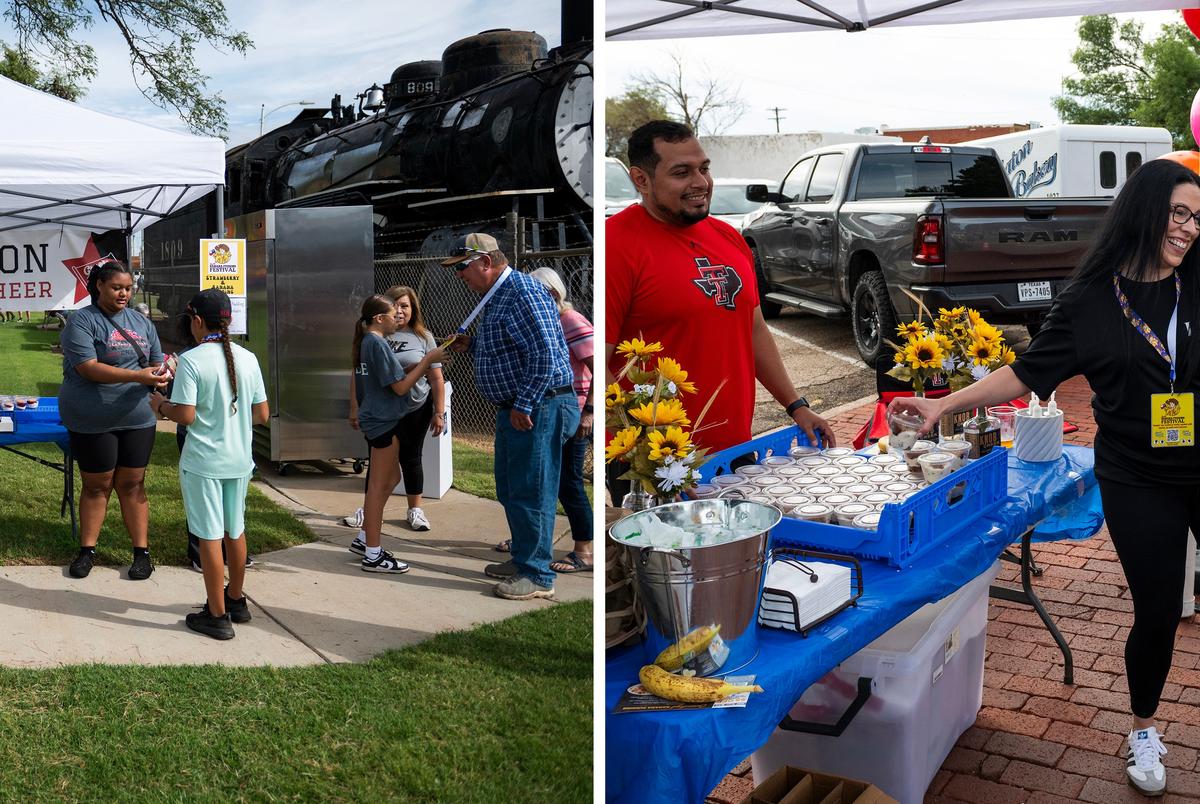 First: Volunteers from the Slaton Junior High cheer team pass out the Slaton Bakery’s strawberry banana pudding at the Texas Banana Pudding Festival. Next: Veronica Gonzales, center, and Brandon Livingston, left, hand out the bakery’s bourbon banana pudding.