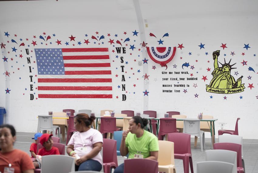 Dilley, TX August 23, 2019: Patriotic themesadorn the recreation center walls at the U.S. Immigration and Customs Enforcement's (ICE) South Texas Family Residential Facility's outside Dilley. The 55 acre campus is currently home to about 900 mothers and children awaiting immigration or deportation hearings.