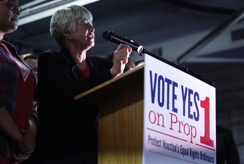 Houston Mayor Annise Parker speaks to pro-Proposition 1 supporters in Houston, Texas on Nov. 3, 2015.