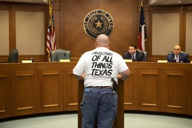 Supporters of CSHB 583 speak at a hearing by the House Committee on Culture, Recreation and Tourism. The bill would make it a criminal offense to remove monuments and memorials to Texas heroes or historical events. April 9, 2019.