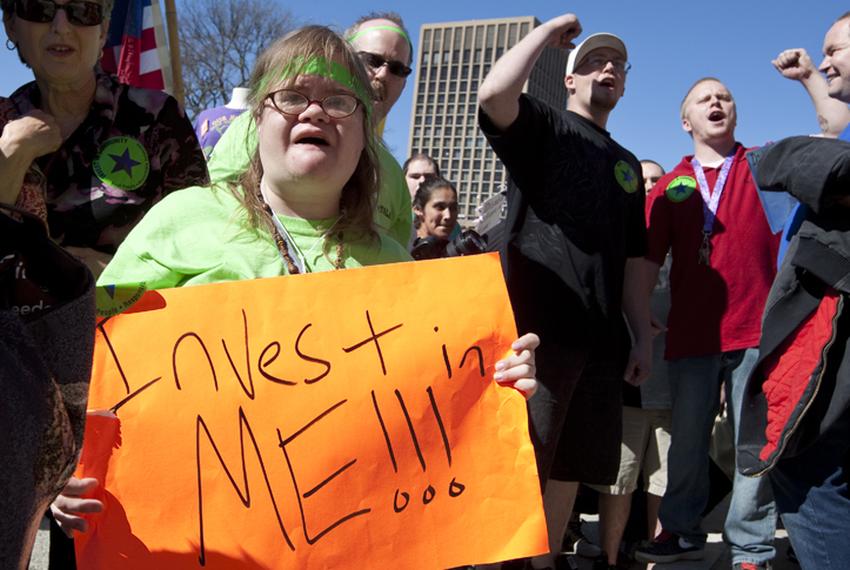 People with disabilities rally at Texas Capitol opposing budget cuts to home and community-based services. March 1st, 2011