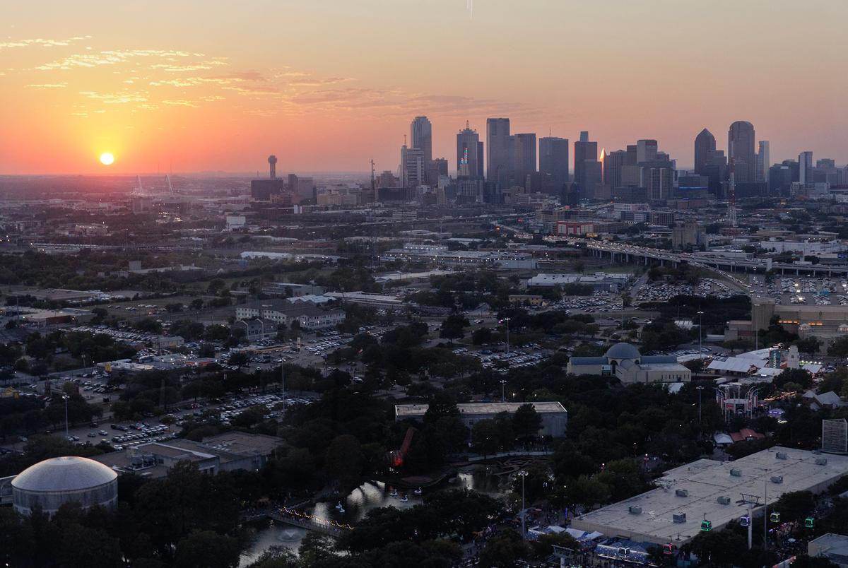 The Dallas skyline from the Top o' Texas Tower ride at the State Fair of Texas in Dallas, TX on October 14, 2024.