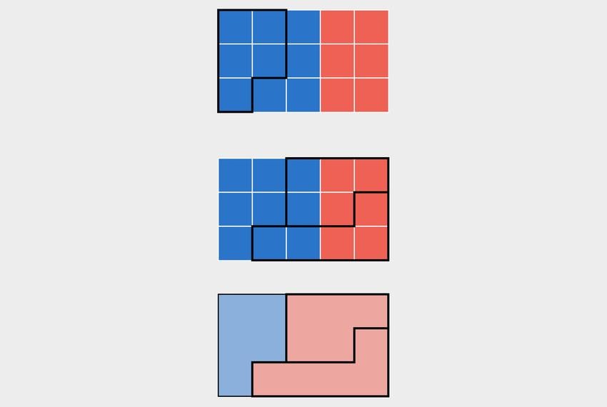 Three rectangles made up of smaller red and blue rectangles that show how cracking and packing in gerrymandering works.