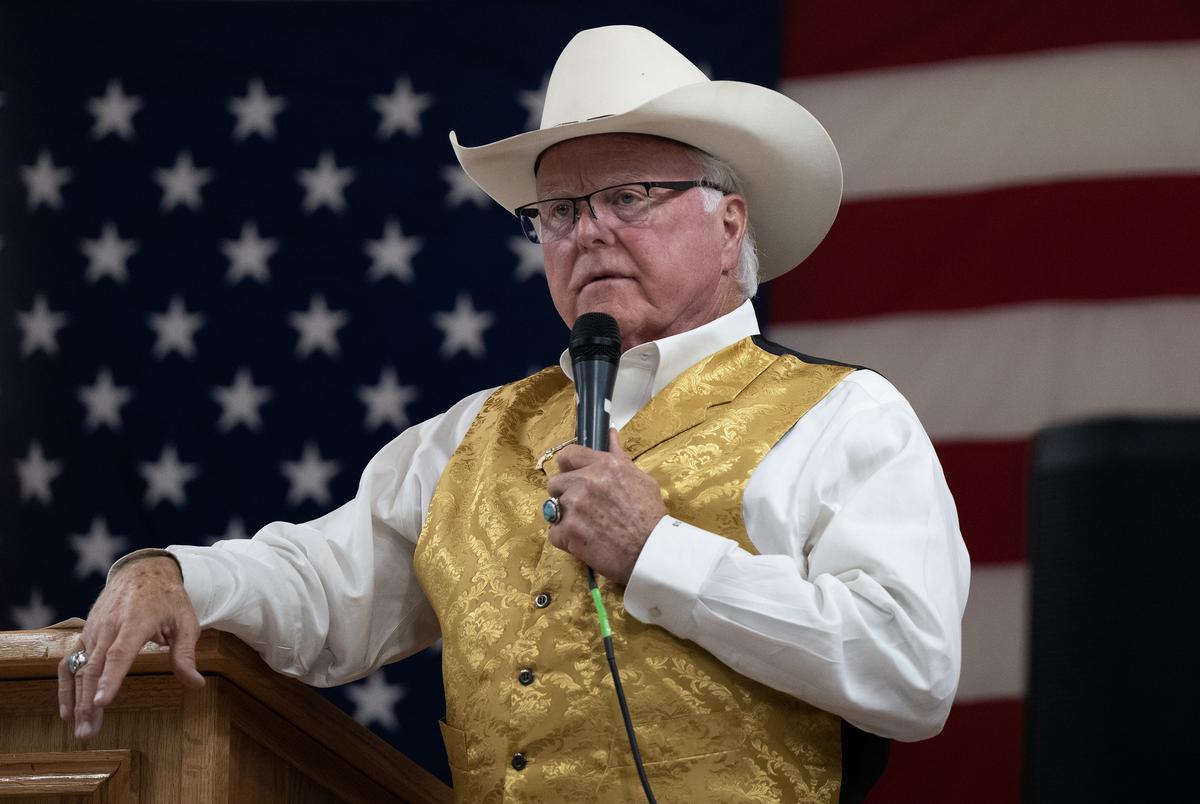 Sid Miller, state agriculture commissioner, speaks during a Make America Great Rally on Thursday, Aug. 1, 2024, at the Burleson County Expo Center in Caldwell.