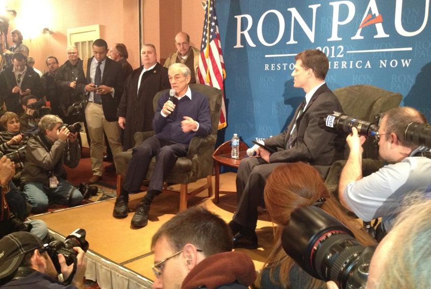 U.S. Congressman Ron Paul headlines a town hall in Meredith, NH. About 500 supporters and undecided voters showed up to hear him speak ahead of Tuesday's primary.