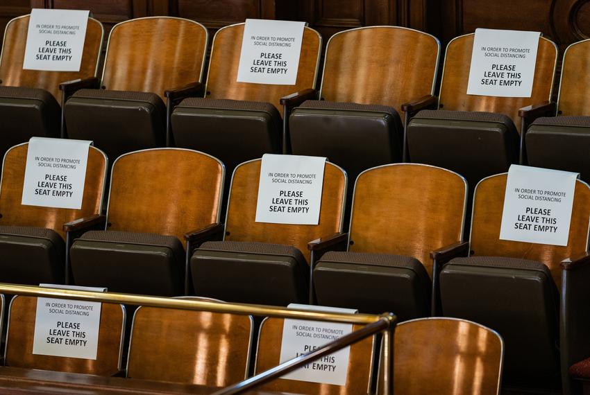 Signs adorn every seat in the House Gallery to ensure social distancing in the house chamber. Jan 4, 2020.