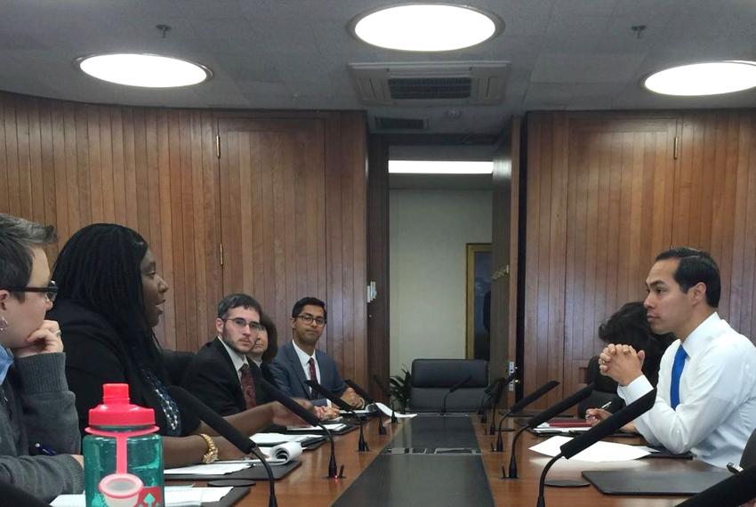 Senior Adviser Maya Rupert at a meeting with Housing Secretary Julian Castro. 