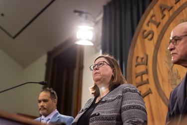 State Rep. Julie Johnson, D-Carrollton, speaks during a press conference regarding Uninsured Texans on April 22, 2021.