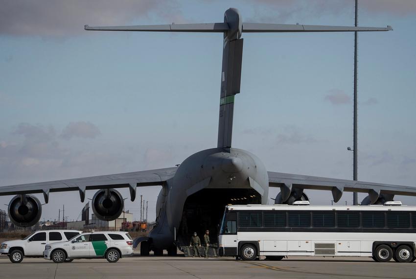 A C-17 military airplane is used to deport 80 Guatemalan men, women and children who were illegally in the United States from Fort Bliss in El Paso, Texas, on Jan. 30, 2025.