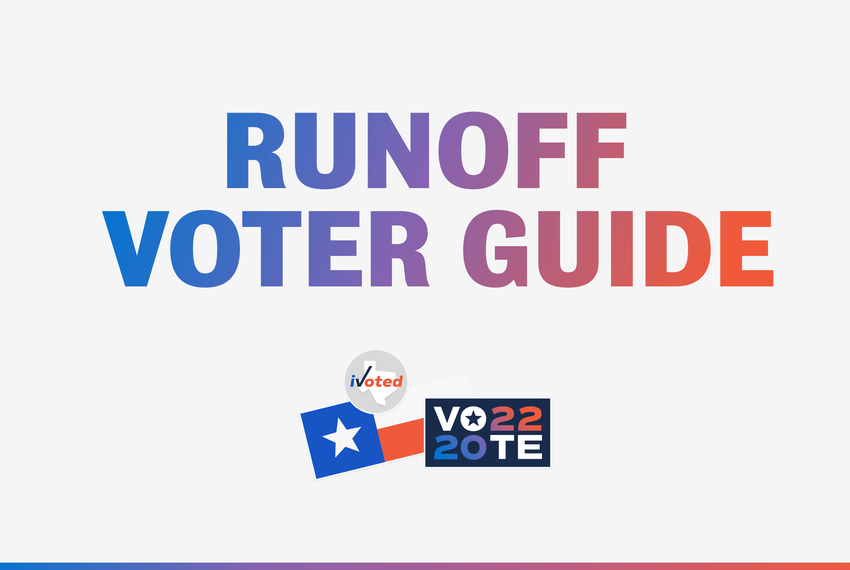 Graphic that reads, "Runoff Voter Guide" above a collection of voting stickers.