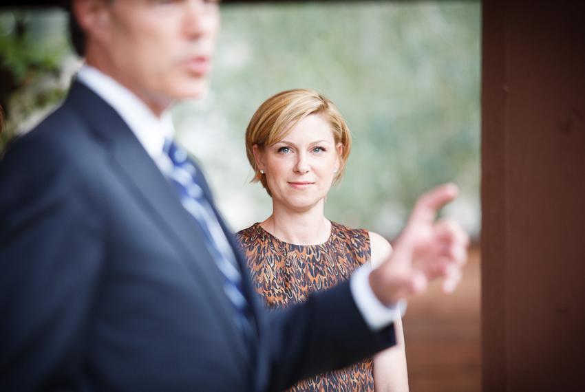 Texas State Representative Sarah Davis listens to speaker of the house Joe Straus introducer her at a fundraiser in a private home in Houston Wednesday, October 3, 2012.