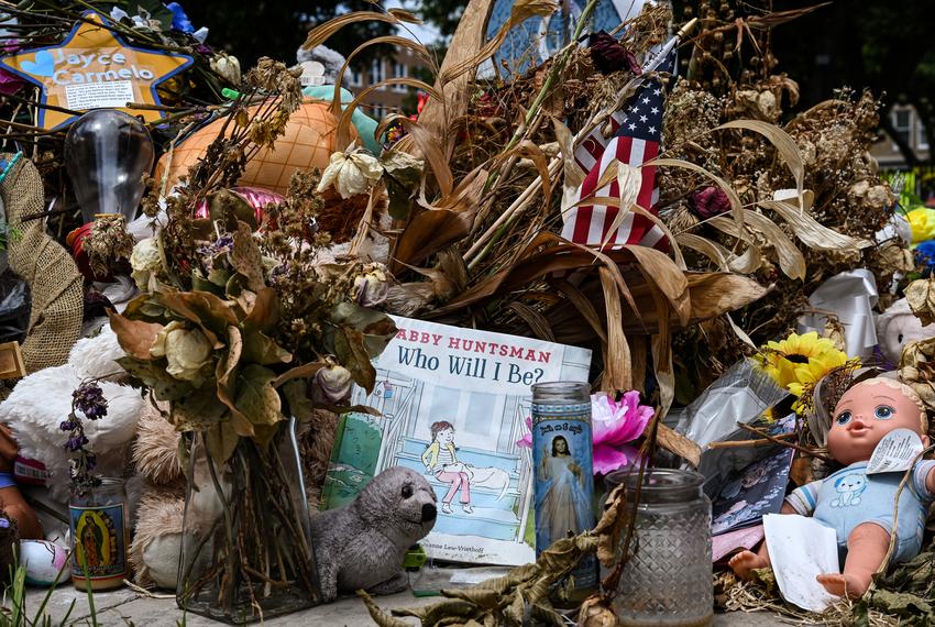 The town square memorial for victims of the Uvalde mass school shooting on June 15, 2022.