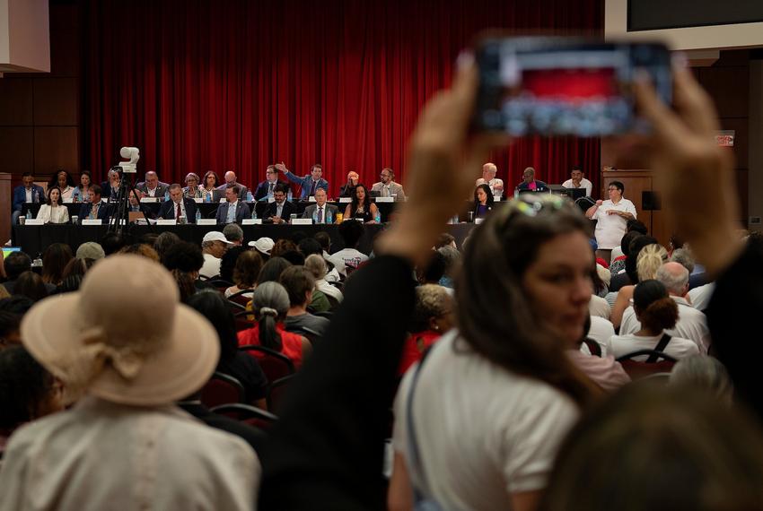 On July 26, 2025, people gather for a Congressional Redistricting meeting at the University of Houston campus in Houston, Texas.