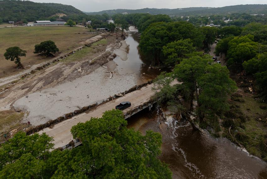 Damage from the flood around a bridge on HWY 39 in Hunt on July 5, 2025.