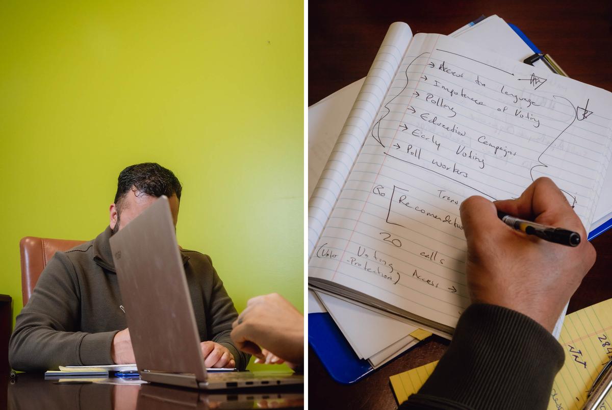 A Dallas resident, 41, co-founder of a nonprofit organization, left, speaks with an operations consultant during their weekly meeting and reviews past notes during a meeting with an operations consultant in Dallas.