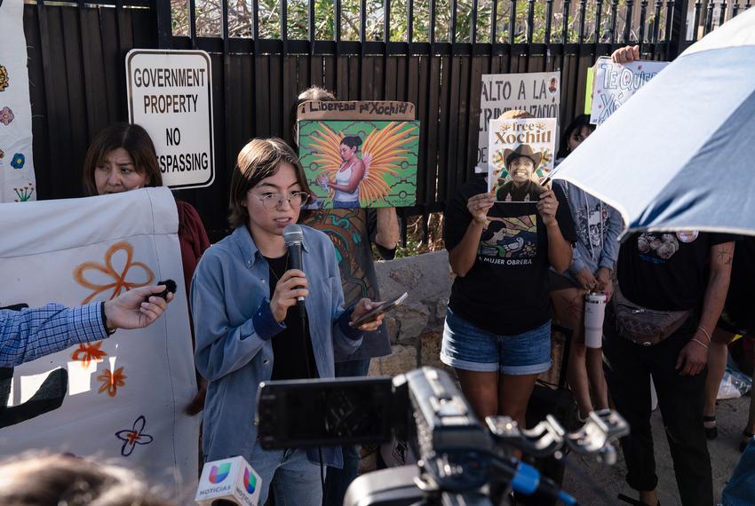 Desiree Miller, 25, the partner of Catalina “Xochitl” Santiago, a DACA recipient who was detained by immigration agents at El Paso International Airport in August, speaks to press during a rally for Xochitl’s release outside of the El Paso Service Processing Center, an immigration detention center in El Paso on Wednesday, Sept. 10, 2025.
