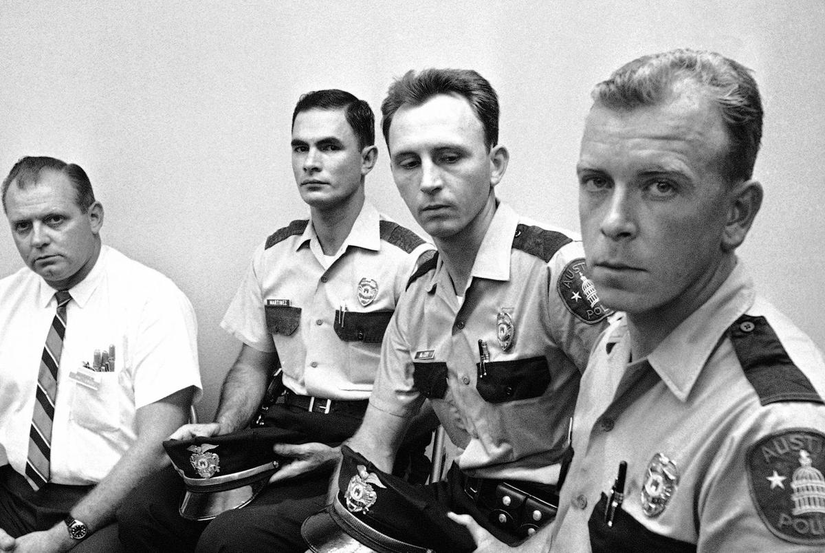 From left: Civilian Allen Crum and Austin police officers Ray Martinez, Houston McCoy, and Jerry Day appeared before the news media on August 2, 1966, the day after the UT Tower shooting.