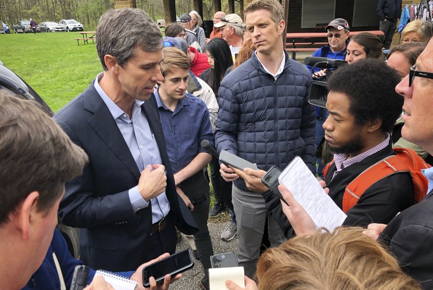 Beto O'Rourke talks to reporters in Shenandoah, Iowa on May 8, 2019, during his third visit to the Hawkeye State as a presidential candidate. O'Rourke is staking the latest stage of his campaign on a plan he released last week to fight climate change.