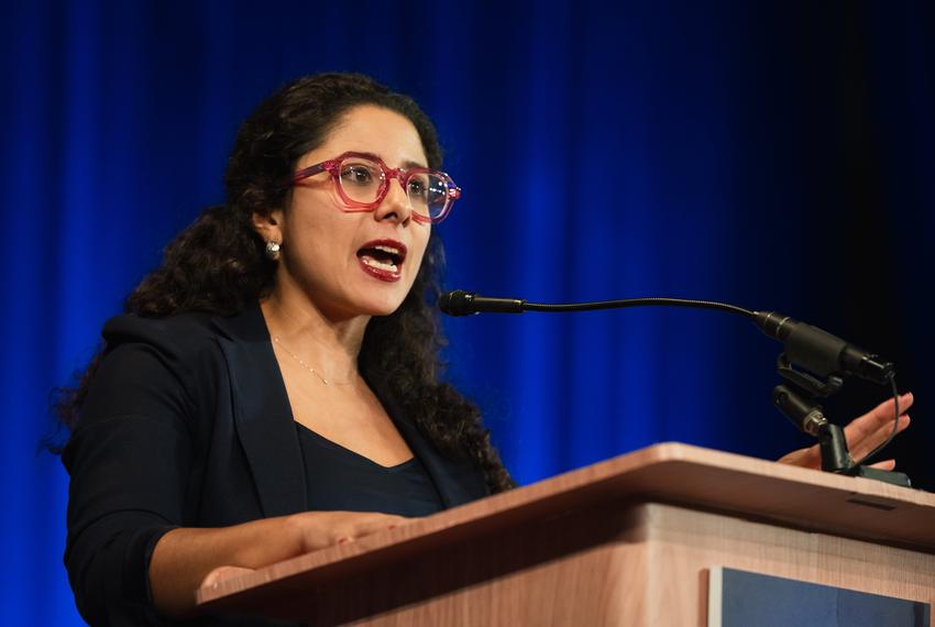 Harris County Judge Lina Hidalgo speaks at the first general session at the Texas Democratic Convention in El Paso on June 7, 2024.