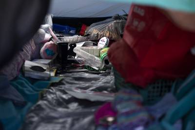 Pill bottles inside of Susan Peakes tent at the state-run homeless encampment off of U.S. Highway 183 on Feb. 25, 2020.