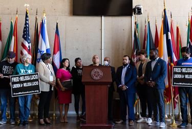 Sylvia Collins holds John Lucio’s hand as they pray at a press conference at Dallas City Hall concerning the future of his mother, Melissa Lucio, who is on death row and scheduled to be executed on April 27, 2022. The family is traveling the state and joining state representatives and supporters in fighting for her freedom.