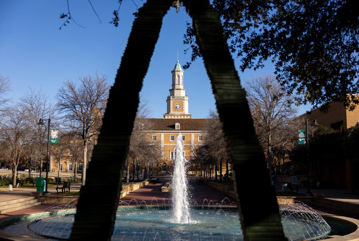 McConnell Tower is framed by The Sustaining Arch at the University of North Texas in Denton on Feb. 14, 2024.