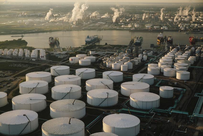 An aerial photograph of the Stolthaven Oil Tanking facility along the Houston Ship Channel on Nov. 10, 2015. Shell's Deer Park facility can be seen in the upper right.