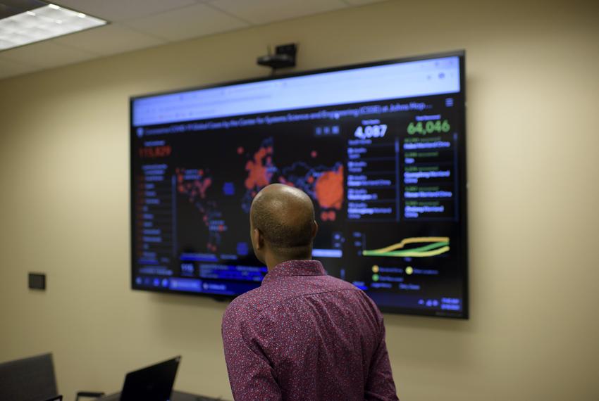 A map shows where the all the confirmed cases of Coronavirus across the world are at a call center for Coronavirus concerns in Rosenberg on March 10, 2020.