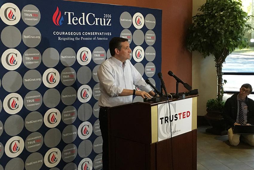 Republican presidential candidate Ted Cruz speaks with reporters before a rally Saturday in Daphne, Alabama. The Texas senator visited the town as part of a weeklong tour of nine mostly southern states.