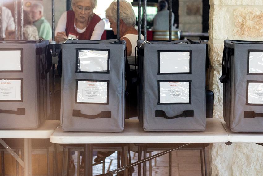 Republican Primary ballot boxes wait to be hand counted by poll workers in Fredericksburg on March 5, 2024.                                                                             