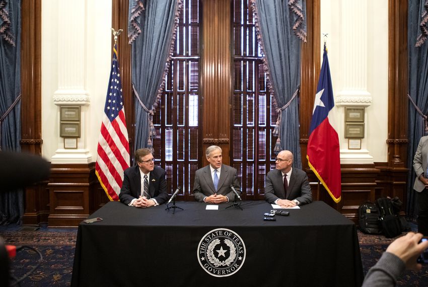 Lt. Gov. Dan Patrick, Gov. Greg Abbott and House Speaker Dennis Bonnen spoke May 1 at a press conference regarding property taxes.