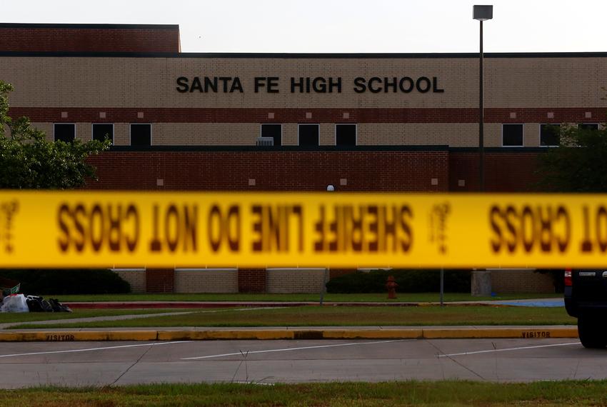 Police tape in front of Santa Fe High School in Santa Fe, Texas, on May 20, 2018.