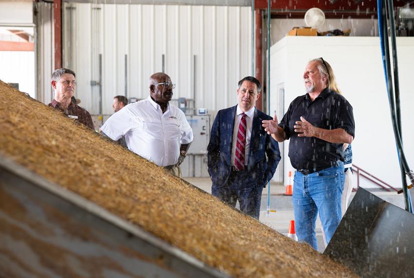 Right to left, Texas A&M Transportation Institute (TTI) research scientist Jett McFalls, gives Texas A&M University System Chancellor Glenn Hegar, TTI agency director Greg Winfree, and deputy agency director Joe Zietsman a tour of the sediment and erosion control laboratory at the Texas A&M RELLIS campus in College Station, Texas, on Tuesday, July 22, 2025. Hegar’s visit to the RELLIS campus was his first since beginning his tenure as chancellor on July 1.