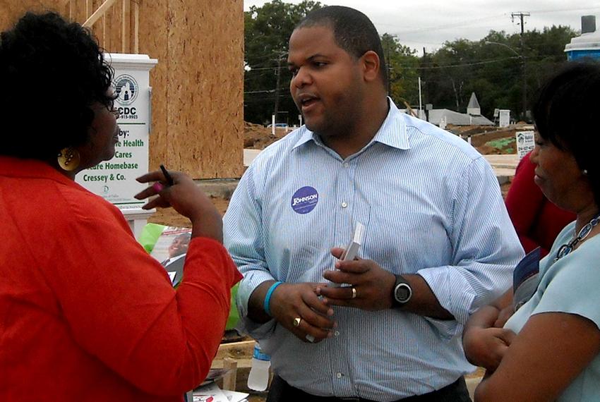 Democrat Eric Johnson campaigns to replace incumbent Dallas Rep. Terri Hodge in House District 100. Hodge has pleaded guilty to lying on her tax return. 