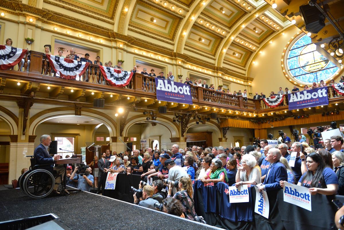 Texas Gov. Greg Abbott announces his re-election campaign on July 14, 2017 at Sunset Station in San Antonio.