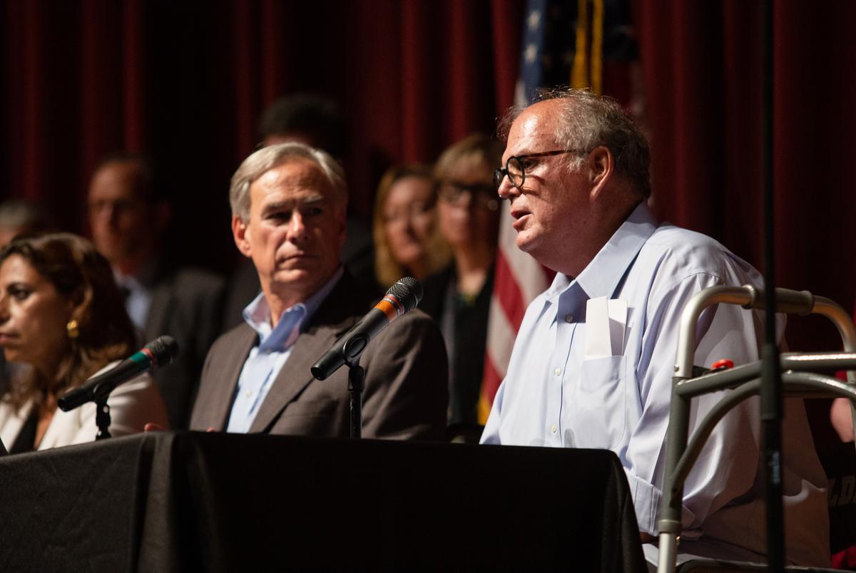 Uvalde Mayor Don McLaughlin speaks with Gov. Greg Abbott at a presser at the Uvalde High School on May 27, 2022. Gov. Abbott addressed the response to the recent school shooting, and emphasized the need to respond appropriately to mental health crises.
