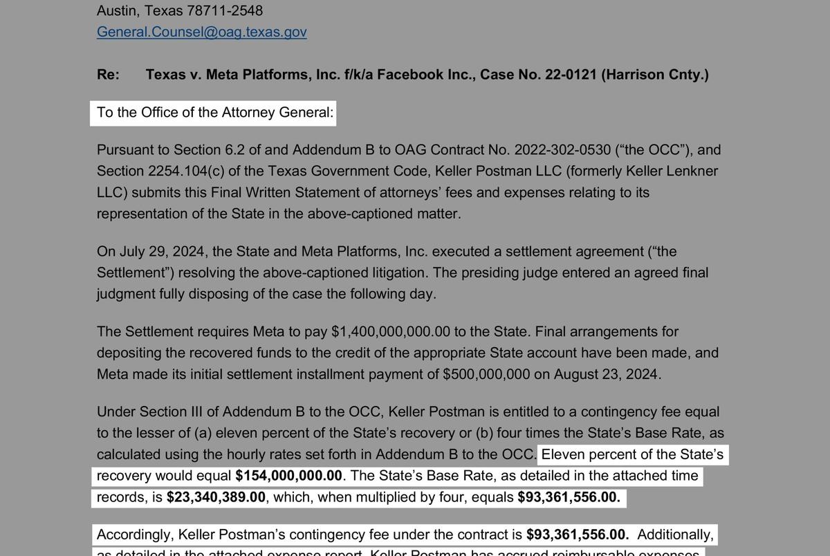 A letter from Zina Bash to the Texas attorney general’s office informs the office that the state owes her firm, Keller Postman, almost $97 million for its work on the state’s case against Meta.