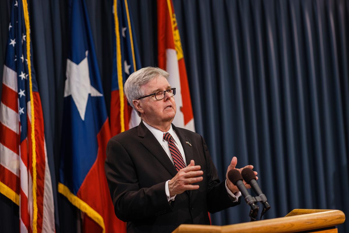 Lt. Gov. Dan Patrick speaks to reporters at a press conference on Feb. 18, 2022.