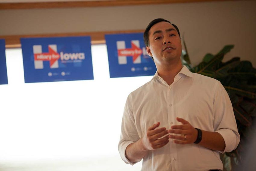 U.S. Rep. Joaquin Castro, D-San Antonio, speaks to a group of Hillary Clinton supporters at a campaign event held at the home of Mark and Sharon Naughton in Iowa City on Aug. 30, 2015.