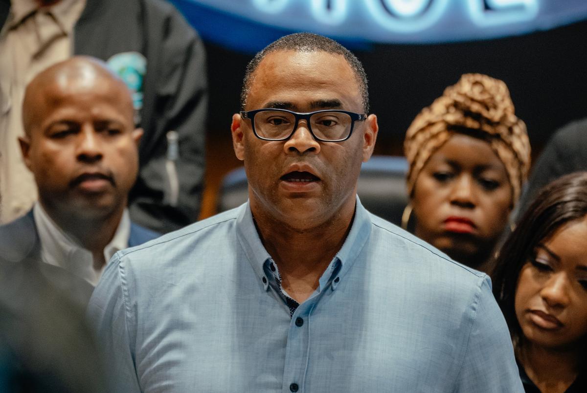 Rep. Marc Veasey, D-Fort Worth, speaks at a press conference with members of the Texas House Democratic Caucus at IBEW Local 701 in Warrenville, Ill., on Monday, Aug. 4, 2025.