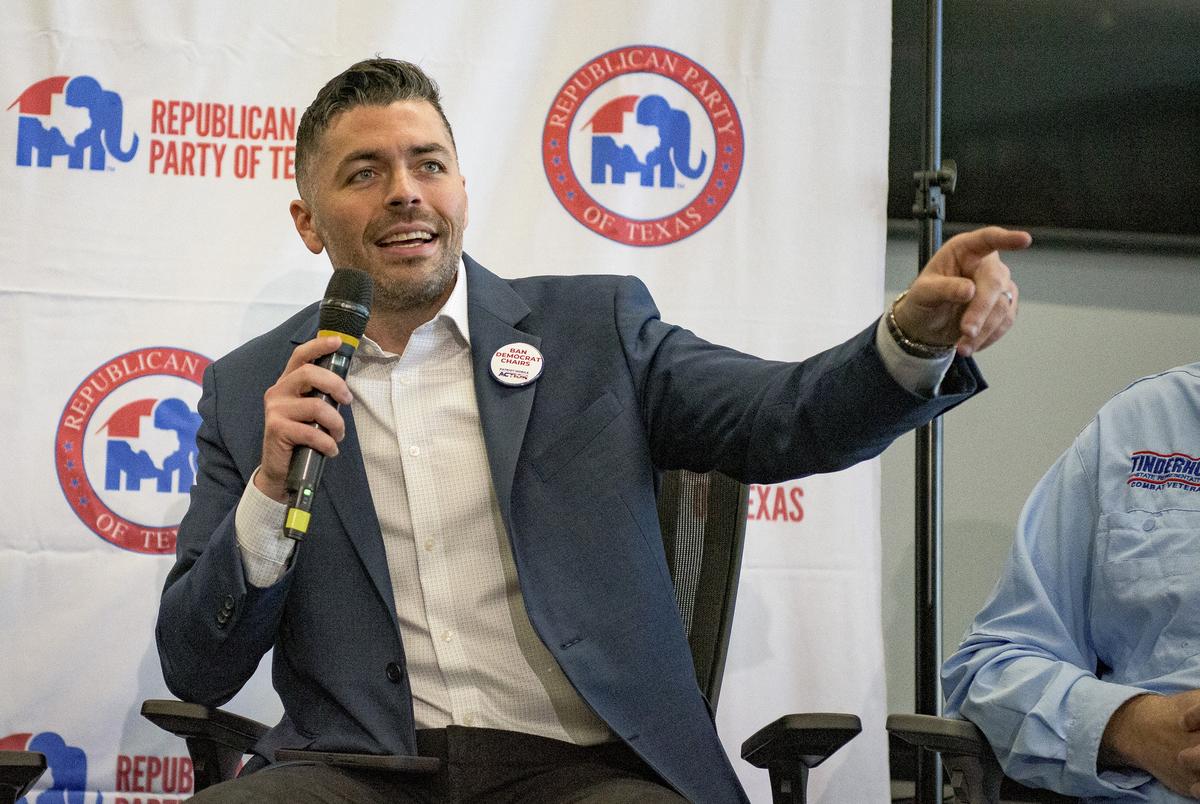 State Rep. Nate Schatzline, R-Fort Worth,
addresses the crowd during a rally at the Tarrant County Republican Party Headquarters in Fort Worth on Jan. 6, 2025.