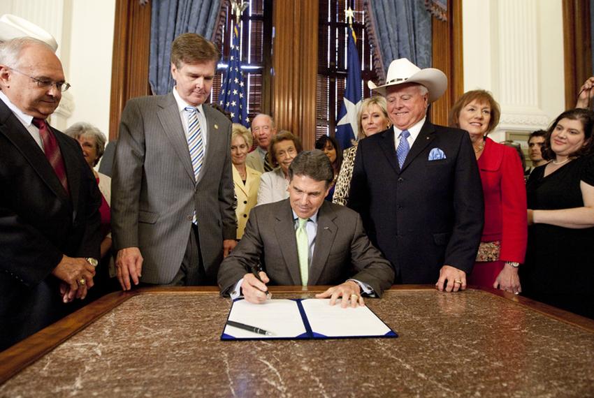 Gov. Perry ceremonially signs HB 15, which requires a woman to have a sonogram before an abortion. He is joined by Sen. Dan Patrick R-Houston and Rep. Sid Miller R-Stephenville on May 24th, 2011