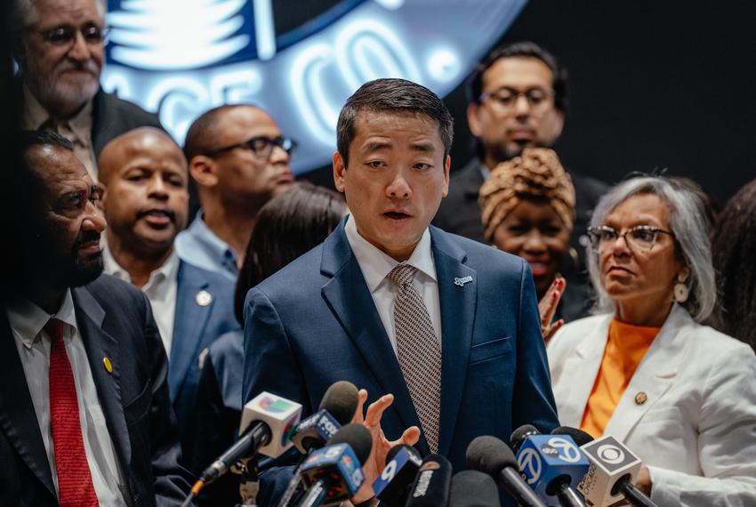 Democratic Texas Rep. Gene Wu speaks during a press conference with members of the Texas House Democratic Caucus at IBEW Local 701 in Warrenville, Ill., on Monday, Aug. 4, 2025. More than 30 Democratic Texas lawmakers fled the state the day before to block a quorum and delay a redistricting plan backed by former President Donald Trump. They regrouped in Illinois to prevent the Legislature from advancing a mid-decade congressional map that could shift several seats to Republican control.