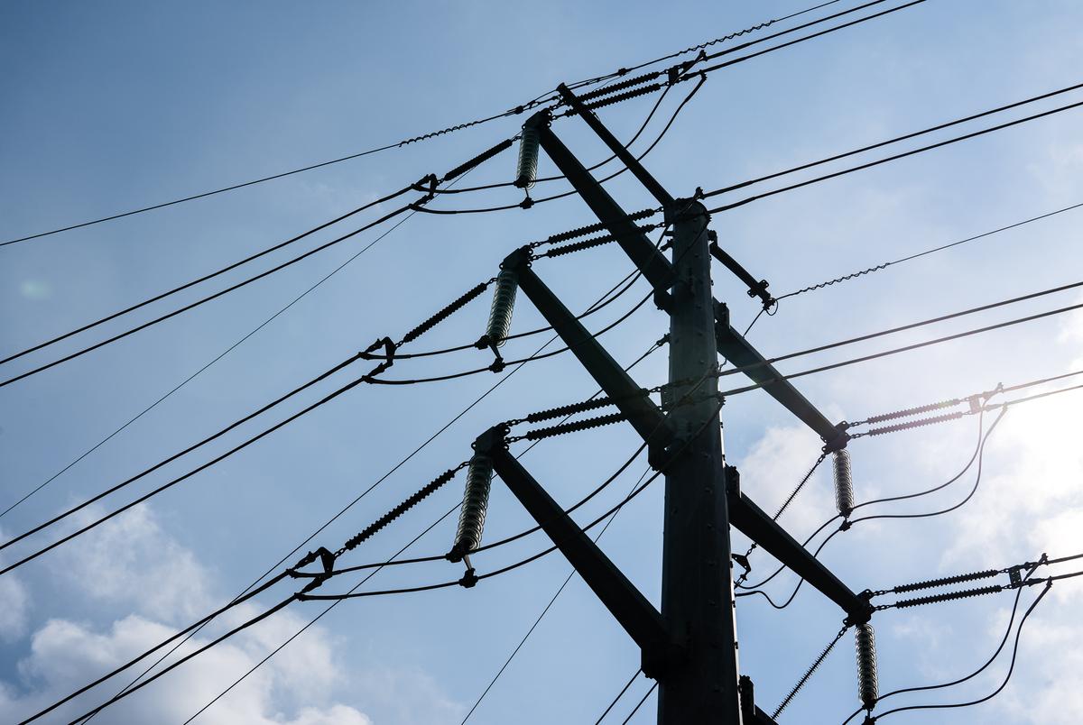 Power lines at Seaholm Power Plant in Austin on June 21, 2021.