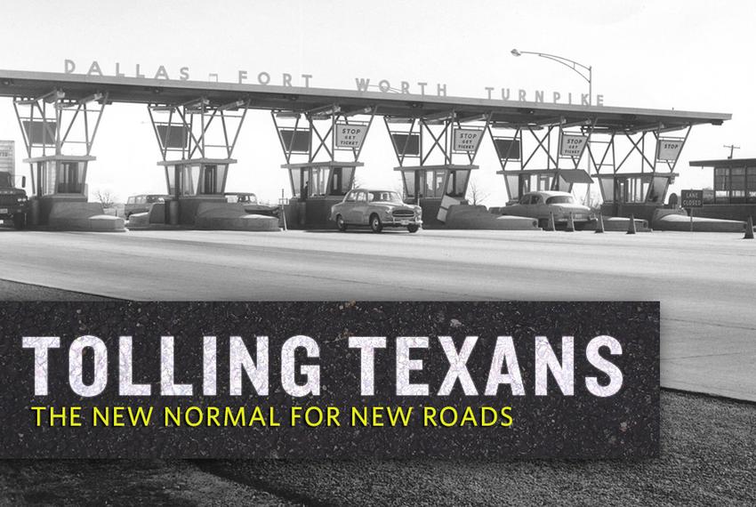 Cars passing through the toll turnstiles at the Dallas-Fort Worth Turnpike, which is now Interstate 30.