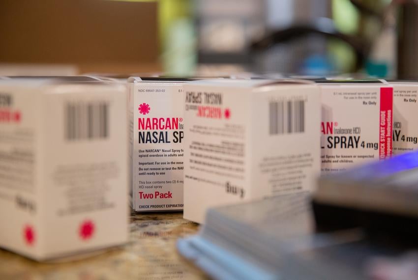 Boxes of Narcan Nasal Spray at Janel Rodriguez's home March 30, 2023, in Hays County.