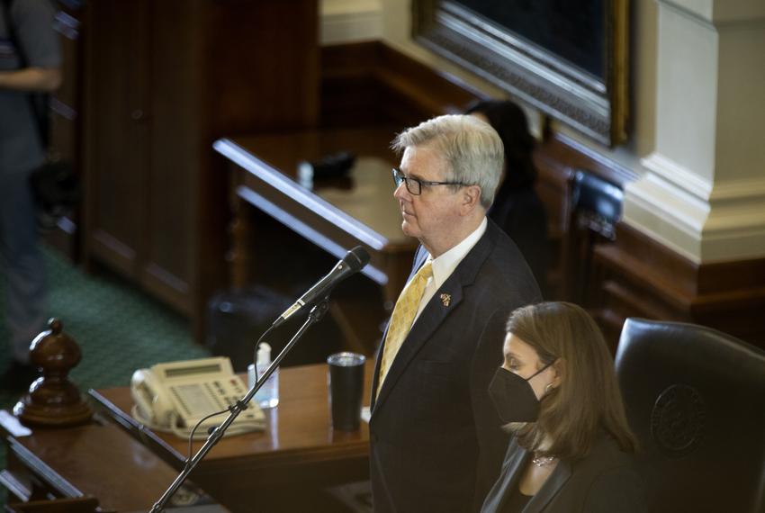 Lt. Gov. Dan Patrick at the dias in the Senate chamber on the second day of the 2021 legislative session on Jan. 13, 2021.