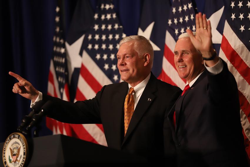 Vice President Mike Pence (right) campaigns for U.S. Rep. Pete Sessions at the Park Cities Hilton in Dallas on Oct. 8, 2018.